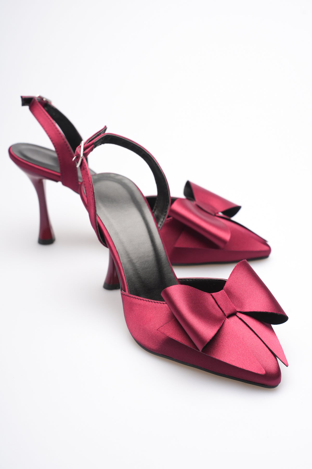 Fioren Kadın Bordo Fiyonklu Saten Slingback Topuklu Ayakkabı