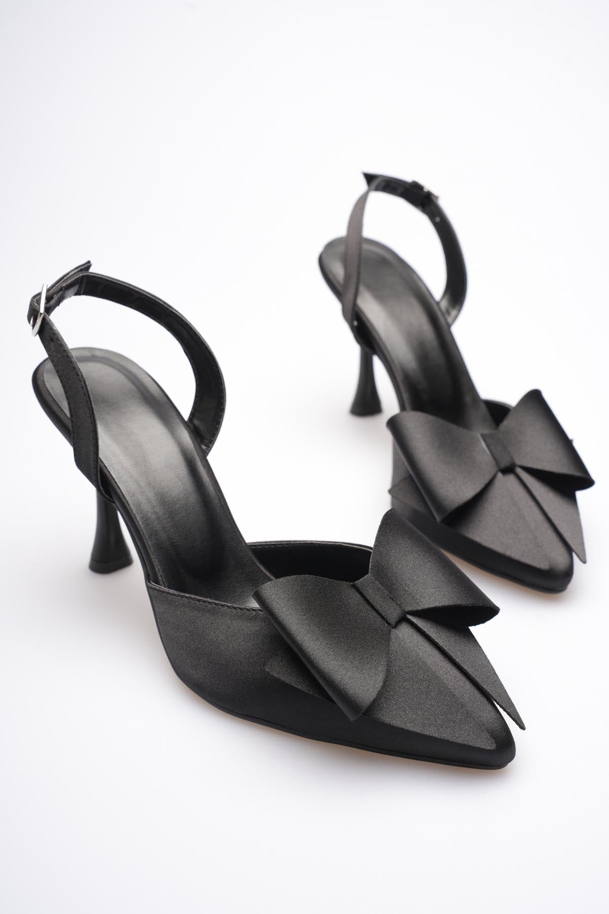 Fioren Kadın Siyah Fiyonklu Saten Slingback Topuklu Ayakkabı