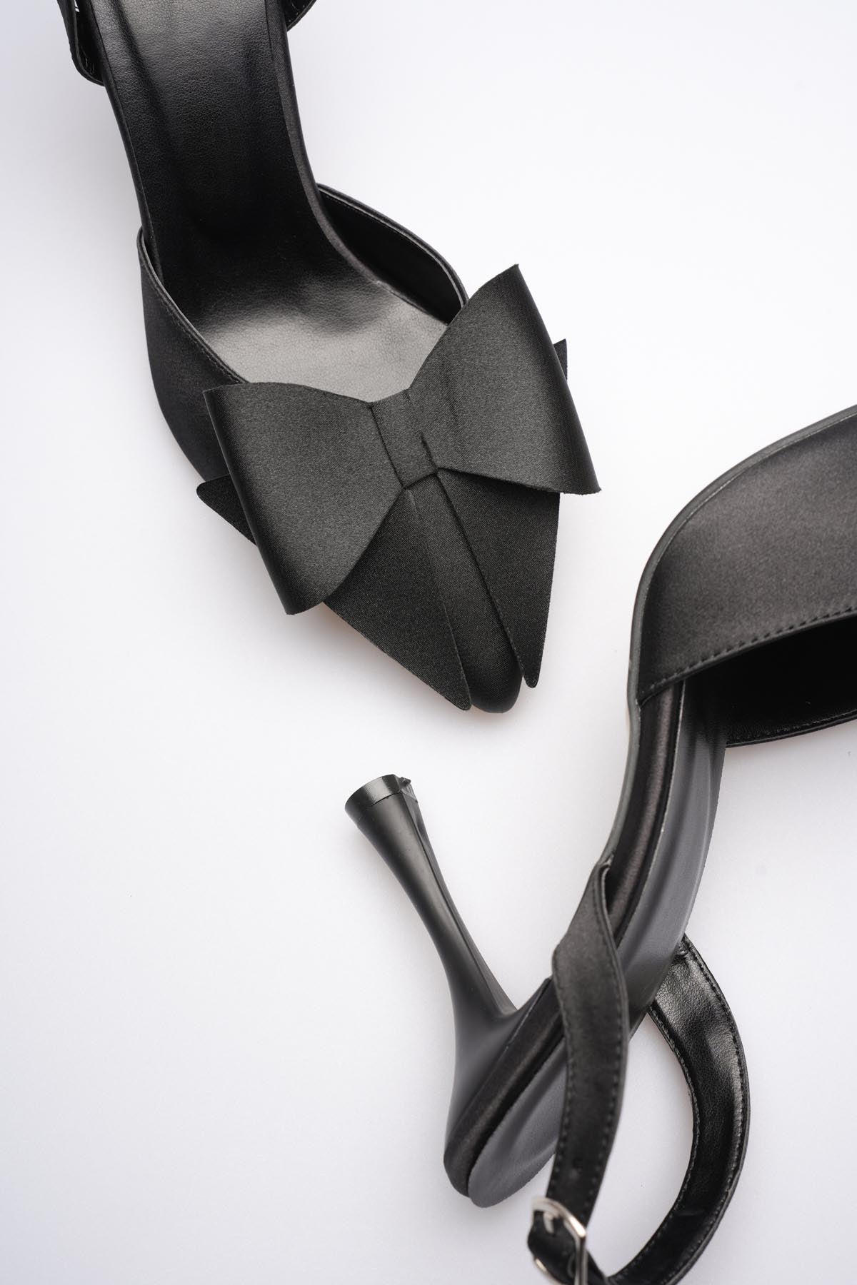 Fioren Kadın Siyah Fiyonklu Saten Slingback Topuklu Ayakkabı