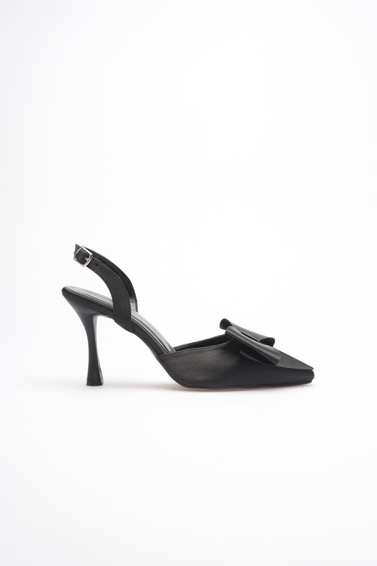 Fioren Kadın Siyah Fiyonklu Saten Slingback Topuklu Ayakkabı