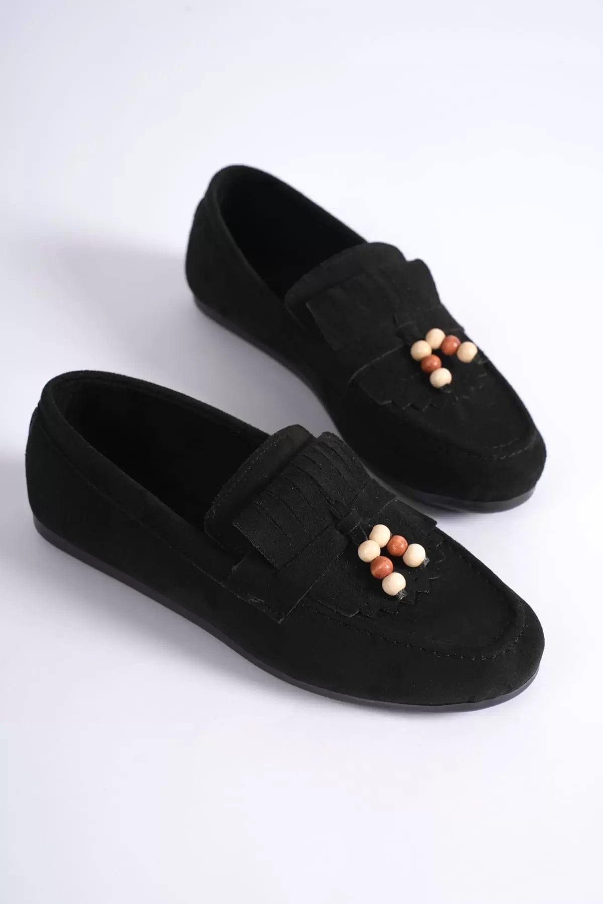 Lunira Kadın Siyah Süet Boncuk Detaylı Loafer Ayakkabı