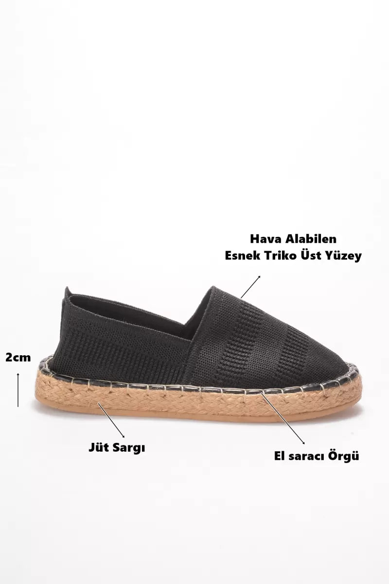 Plovdi Kadın Siyah Triko Jüt Sargı  Hasır Taban Espadril