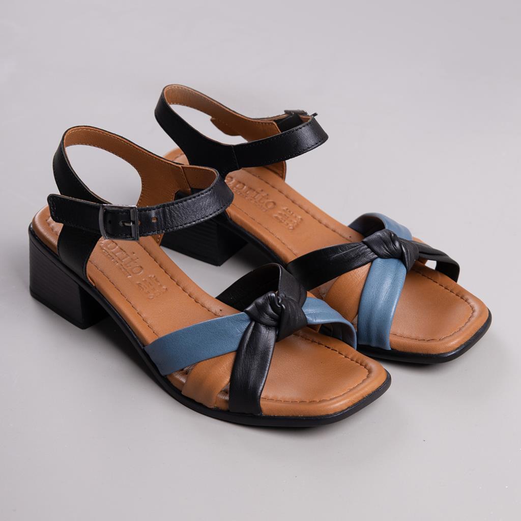 Kastel Siyah Hakiki Deri Kadın Topuklu Sandalet