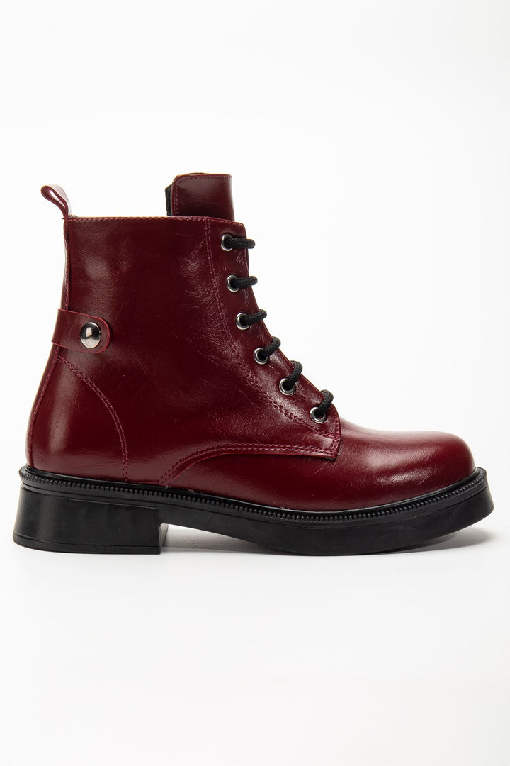 Lauran Bordo Kırışık Rugan Bağcıklı Fermuarlı Kadın Bot