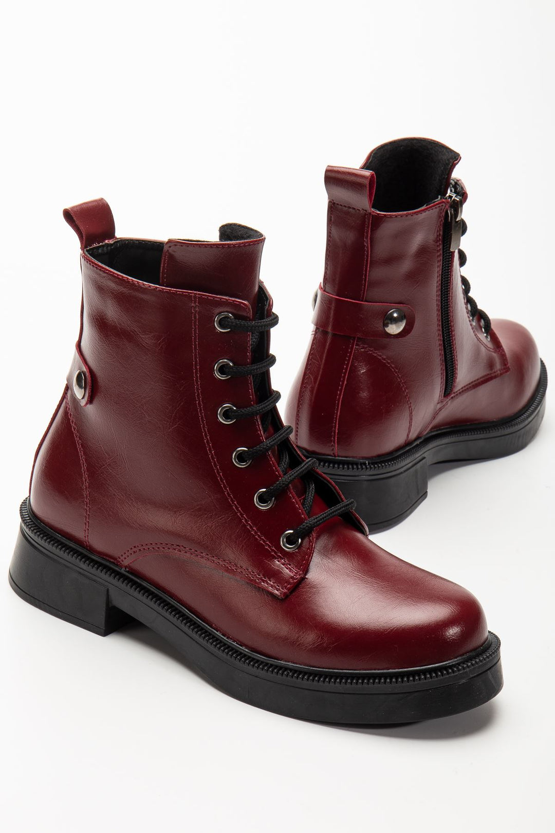 Lauran Bordo Kırışık Rugan Bağcıklı Fermuarlı Kadın Bot