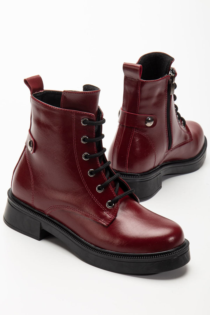 Lauran Bordo Kırışık Rugan Bağcıklı Fermuarlı Kadın Bot