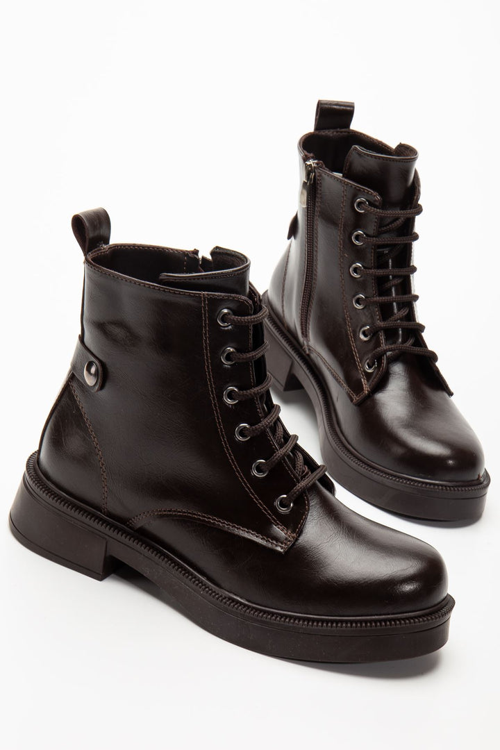 Lauran Kahve Kırışık Rugan Bağcıklı Fermuarlı Kadın Bot