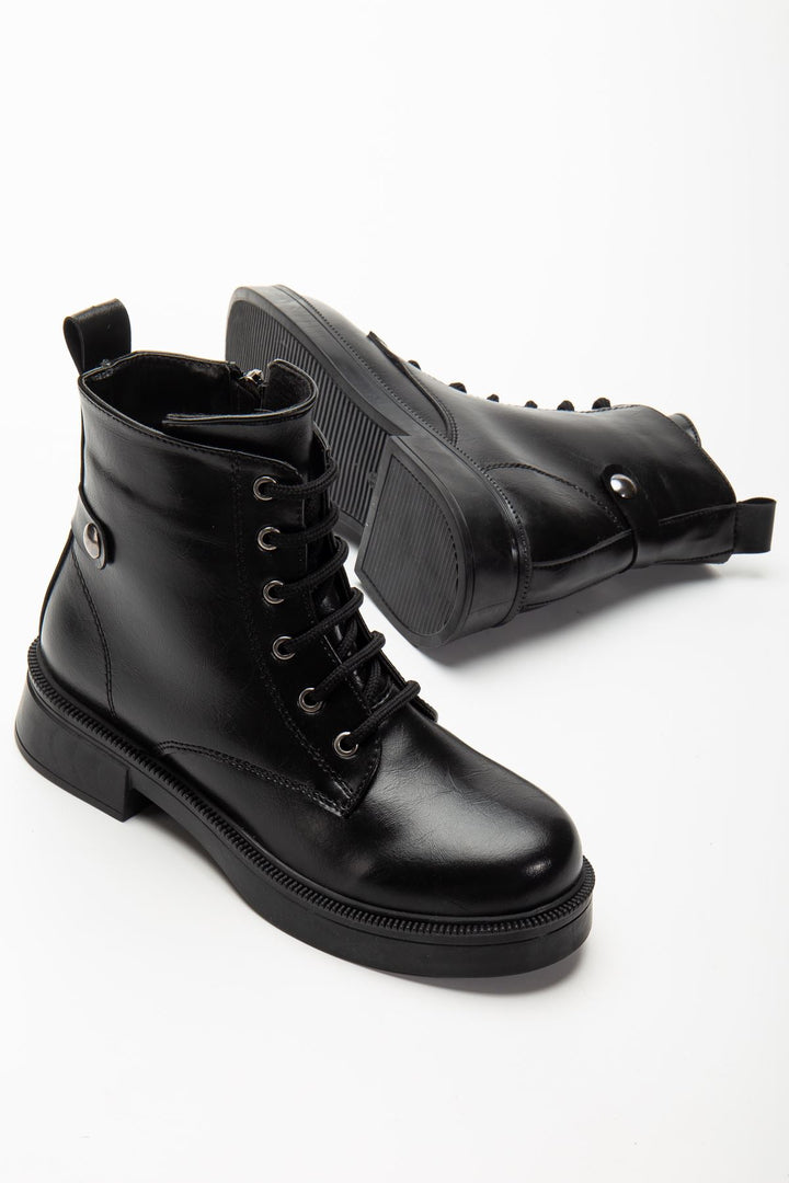 Lauran Siyah Kırışık Rugan Bağcıklı Fermuarlı Kadın Bot