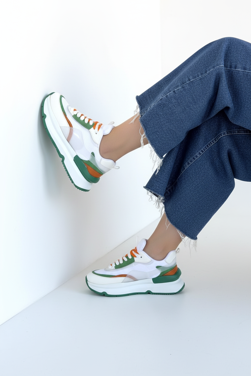 Aleh Kadın Beyaz Yeşil Detaylı Çift Bağcıklı Spor Ayakkabı