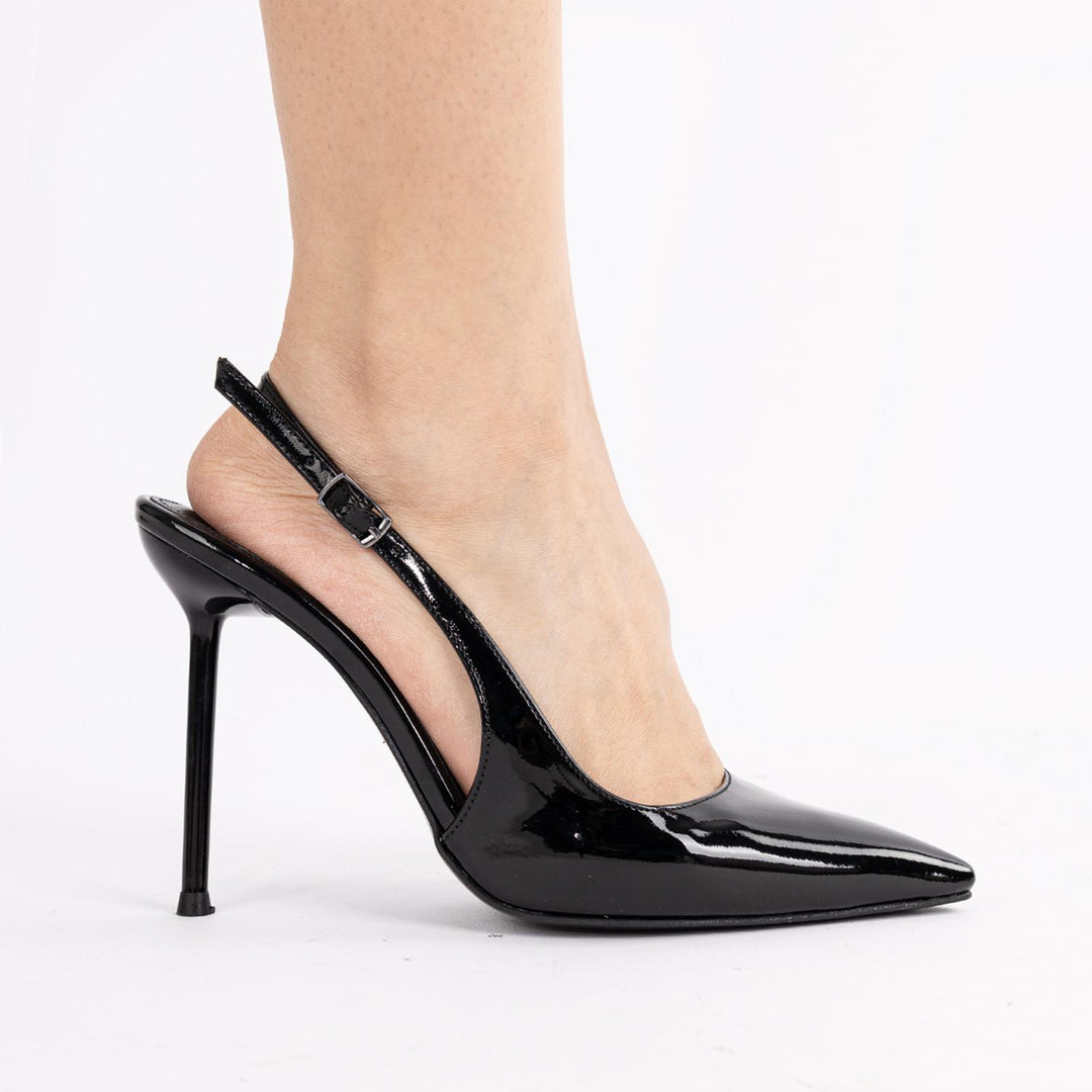 Luke Kadın Stiletto Arkası Açık Sivri Burun Siyah Rugan Topuklu Ayakkabı