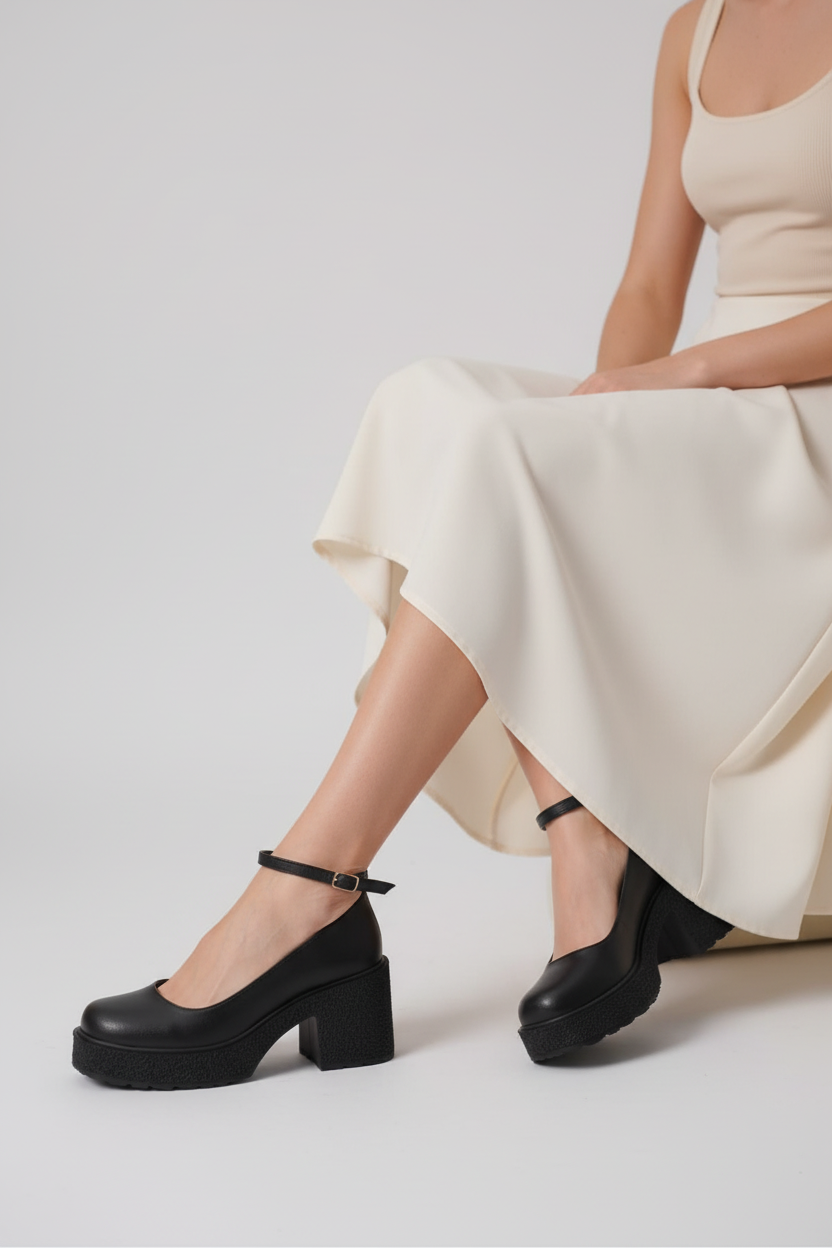 Marla Kadın Siyah Bilekten Bantlı Günlük Kalın Topuklu Ayakkabı