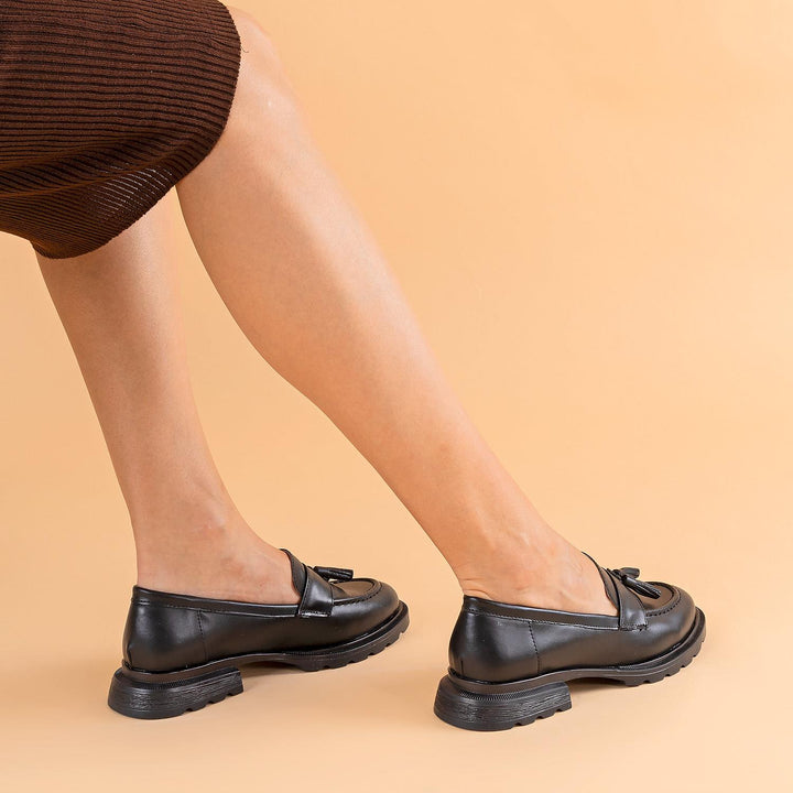 Matma Loafer Kalın Taban Cilt Siyah Günlük Ayakkabı