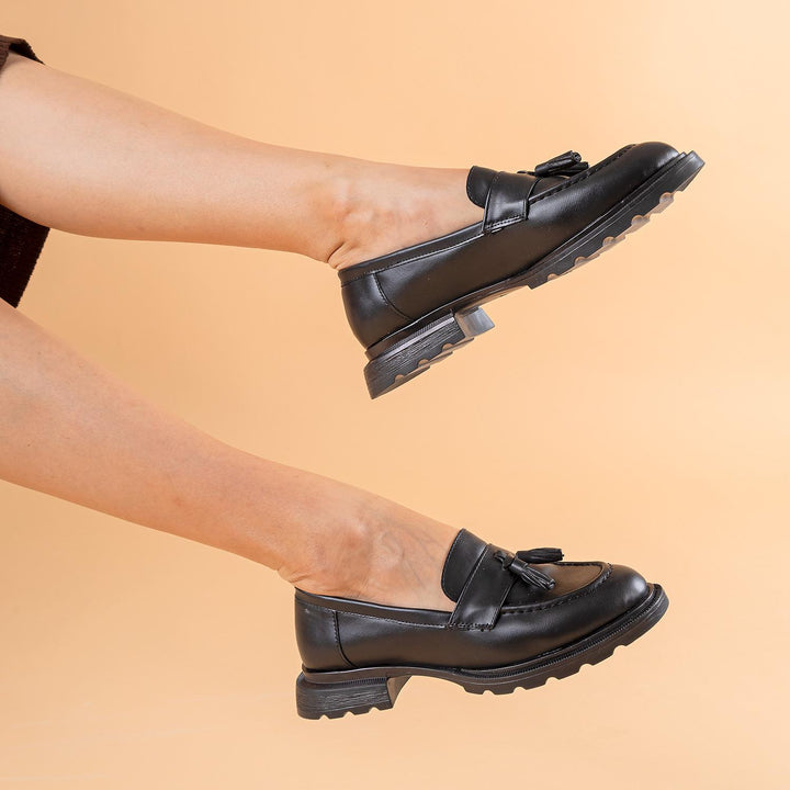 Matma Loafer Kalın Taban Cilt Siyah Günlük Ayakkabı