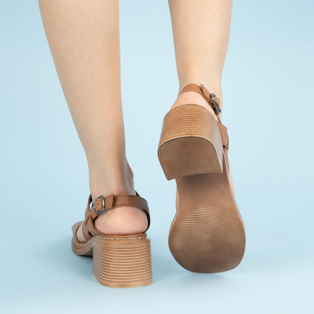 Mavel Kadın Hakiki Deri Taba Kalın Topuklu Ayakkabı