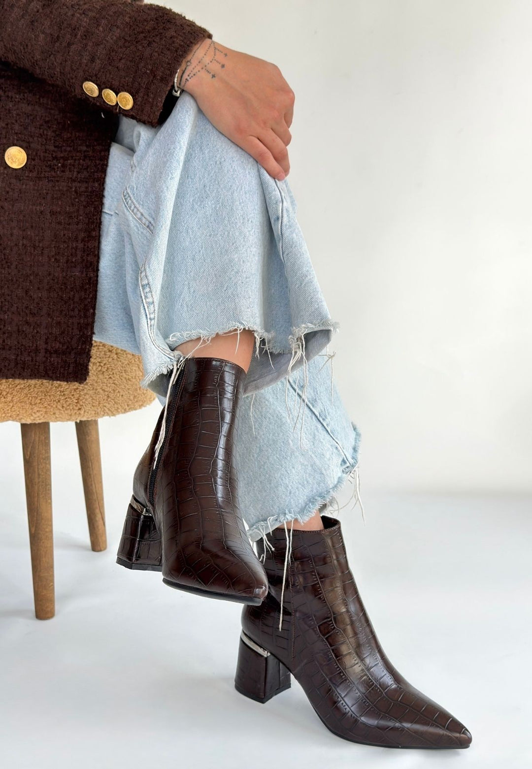 Meça Kadın Kahverengi Kroko Desenli Topuklu Bot