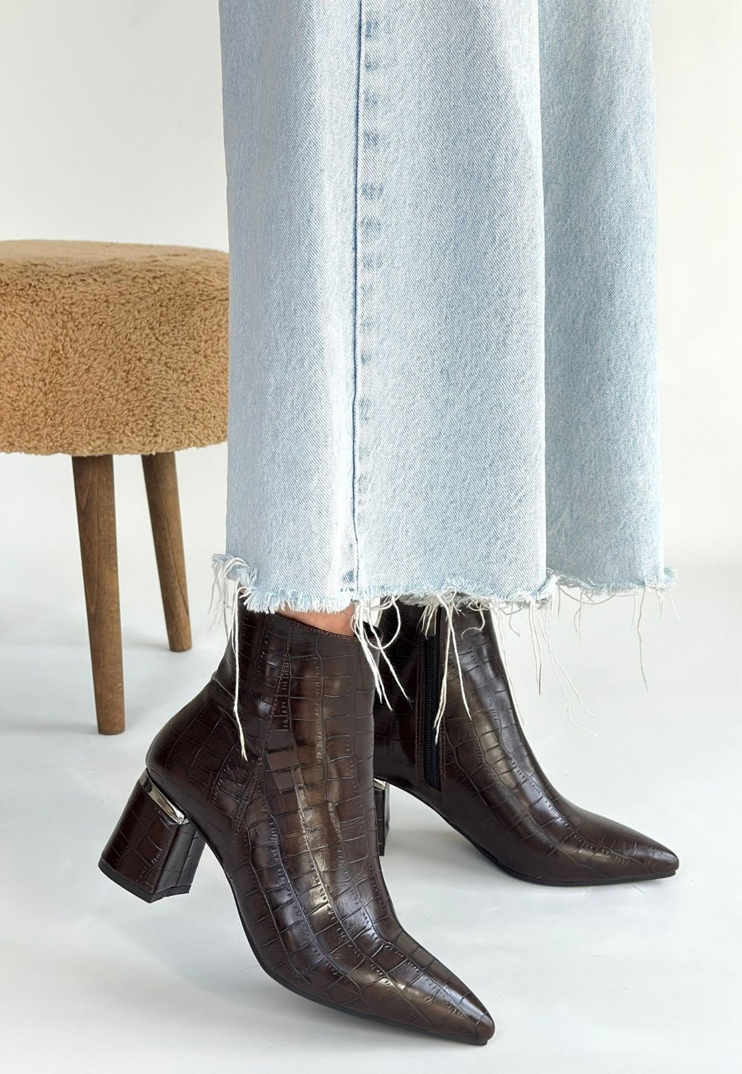 Meça Kadın Kahverengi Kroko Desenli Topuklu Bot