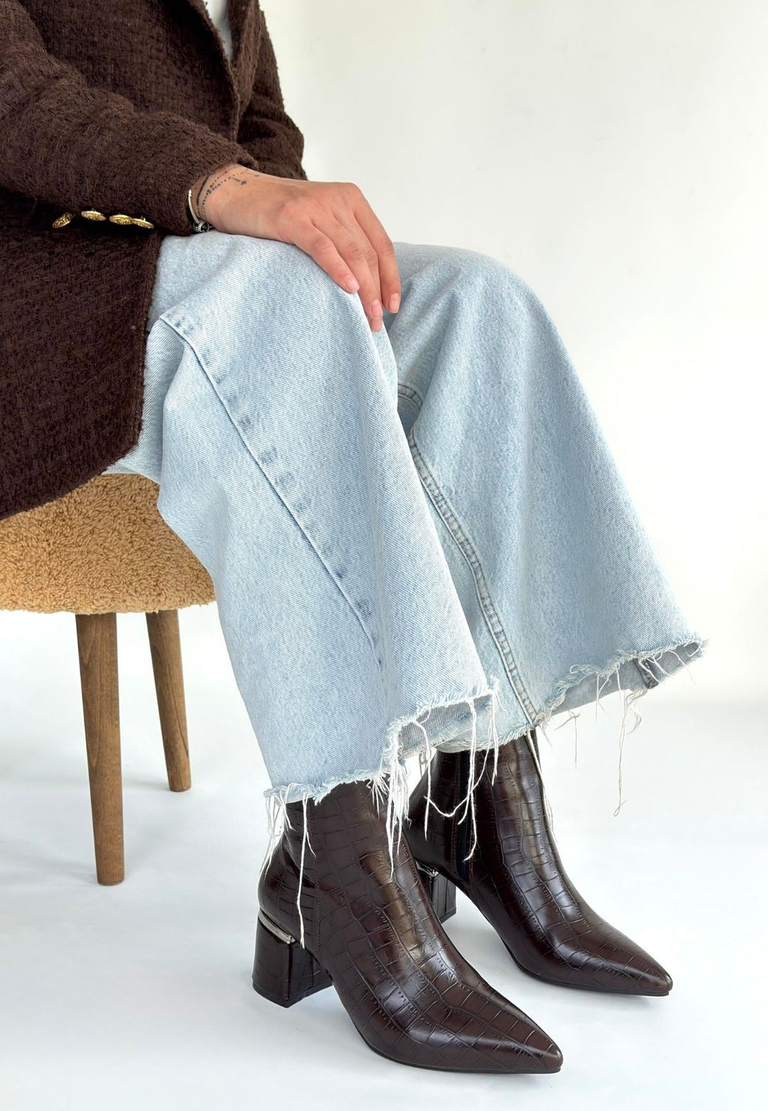 Meça Kadın Kahverengi Kroko Desenli Topuklu Bot