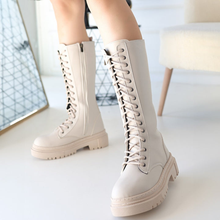 Menad Kadın Bej Bağcıklı Diz Altı Çizme