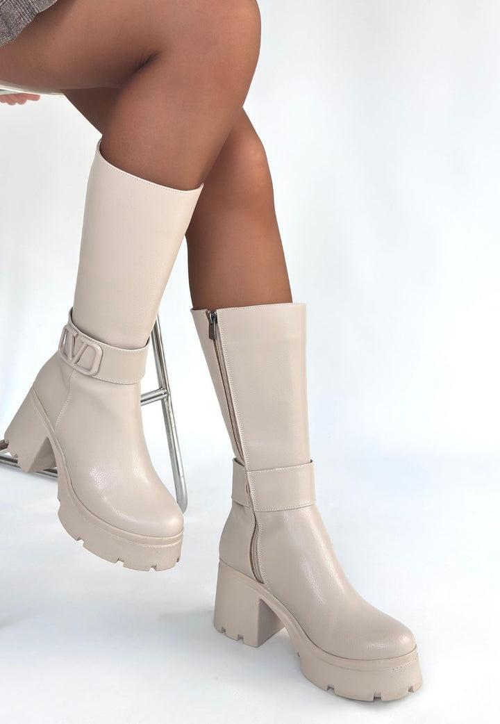 Moki Kadın Bej Tokalı Topuklu Çizme