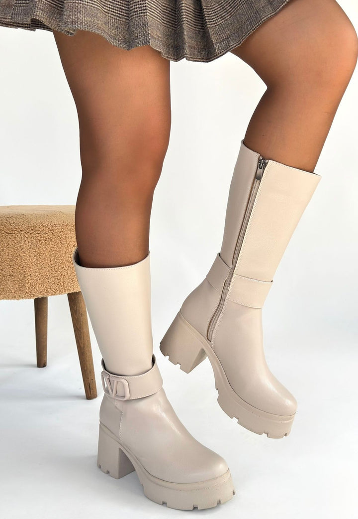 Moki Kadın Bej Tokalı Topuklu Çizme