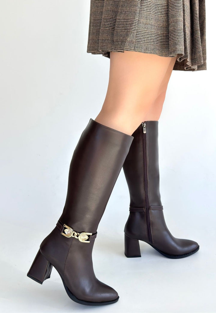 Mooni Kadın Kahverengi Tokalı Topuklu Çizme