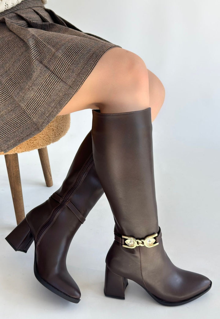 Mooni Kadın Kahverengi Tokalı Topuklu Çizme