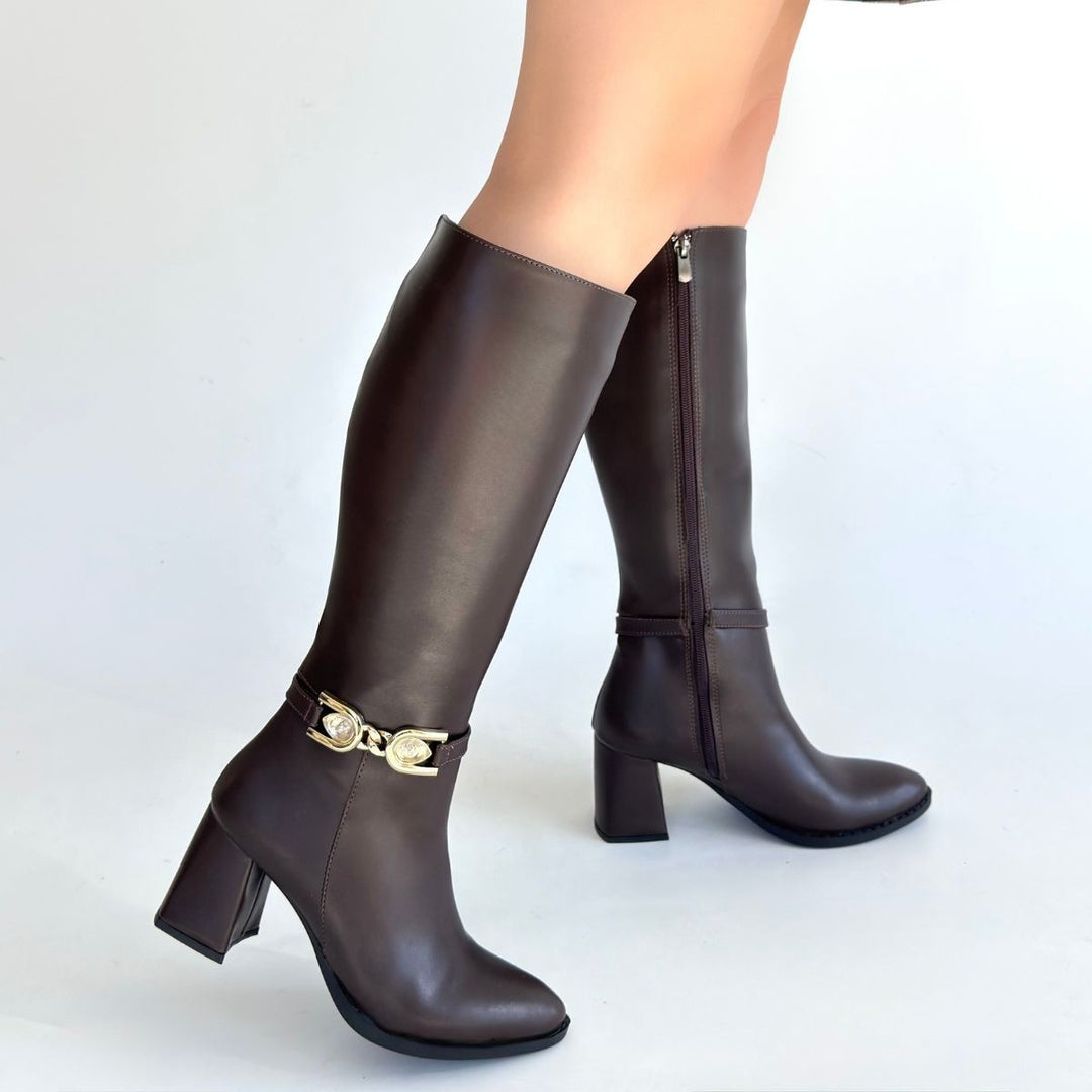 Mooni Kadın Kahverengi Tokalı Topuklu Çizme