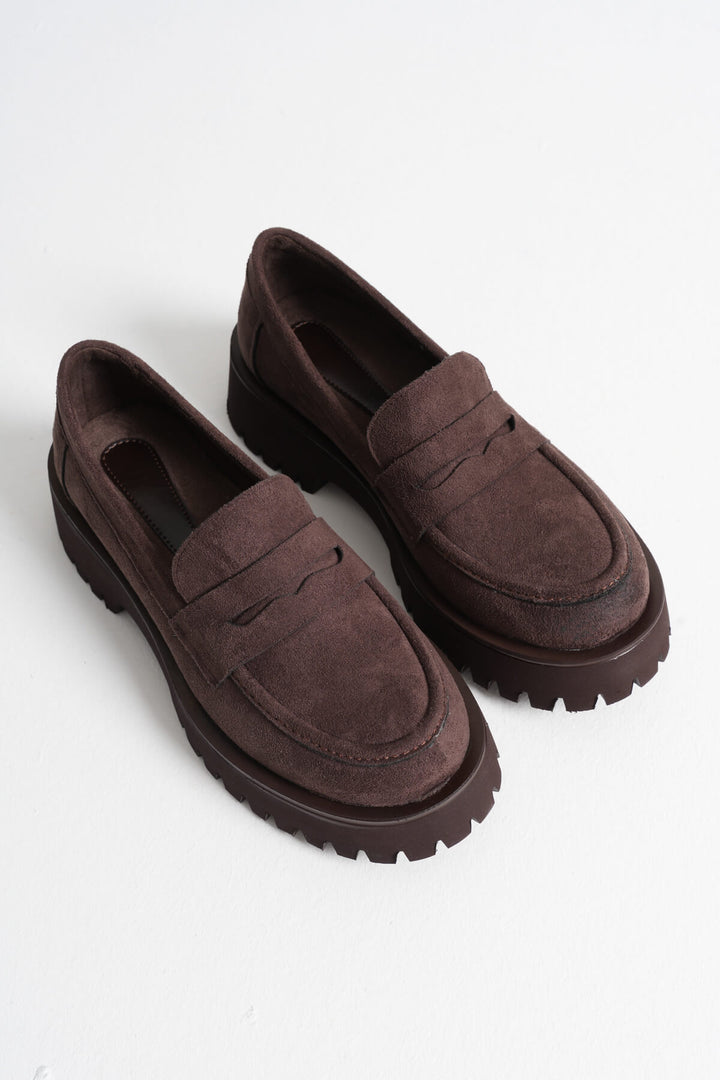 Noir Kadın Acı Kahve Süet Kalın Taban Loafer Ayakkabı
