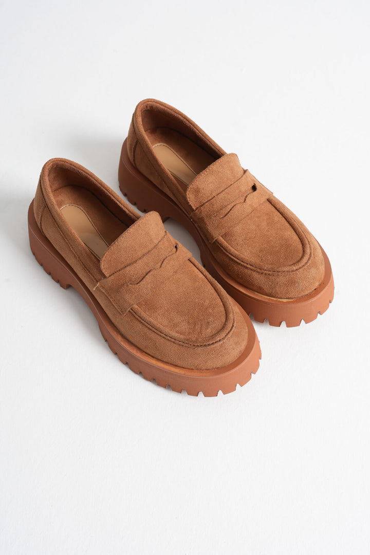 Noir Kadın Taba Süet Kalın Taban Loafer Ayakkabı