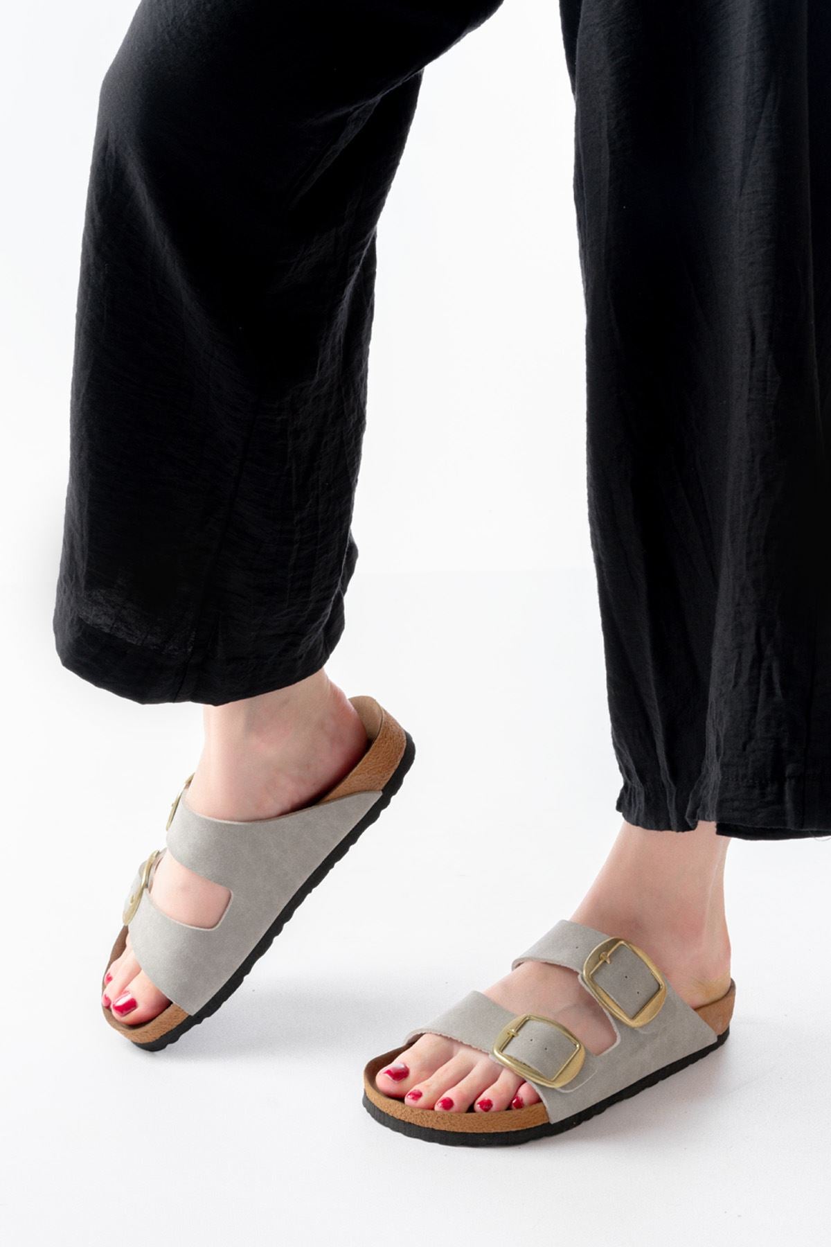 Janye Kadın Gri Süet Çift Tokalı Terlik