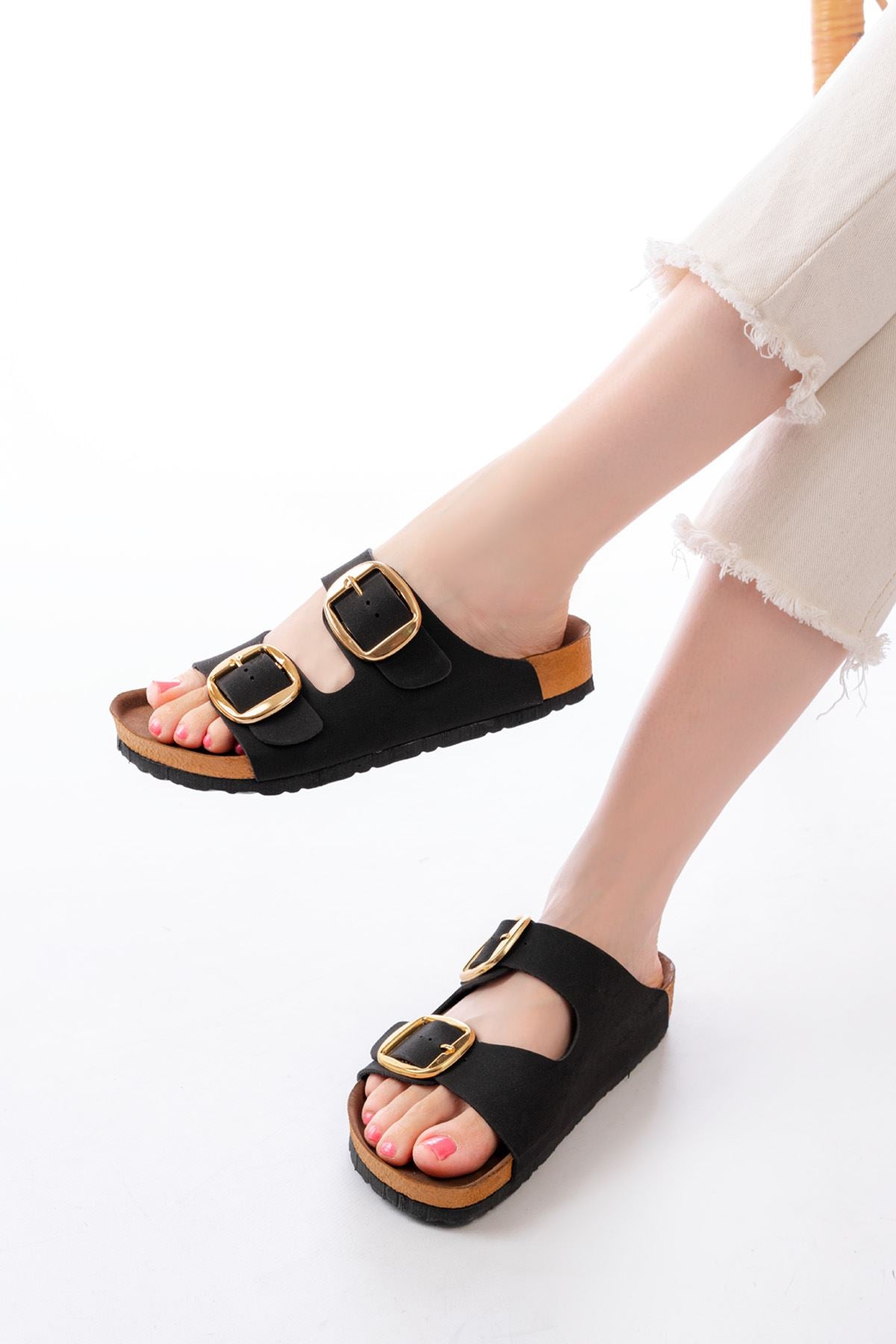 Janye Kadın Siyah Süet Çift Tokalı Terlik