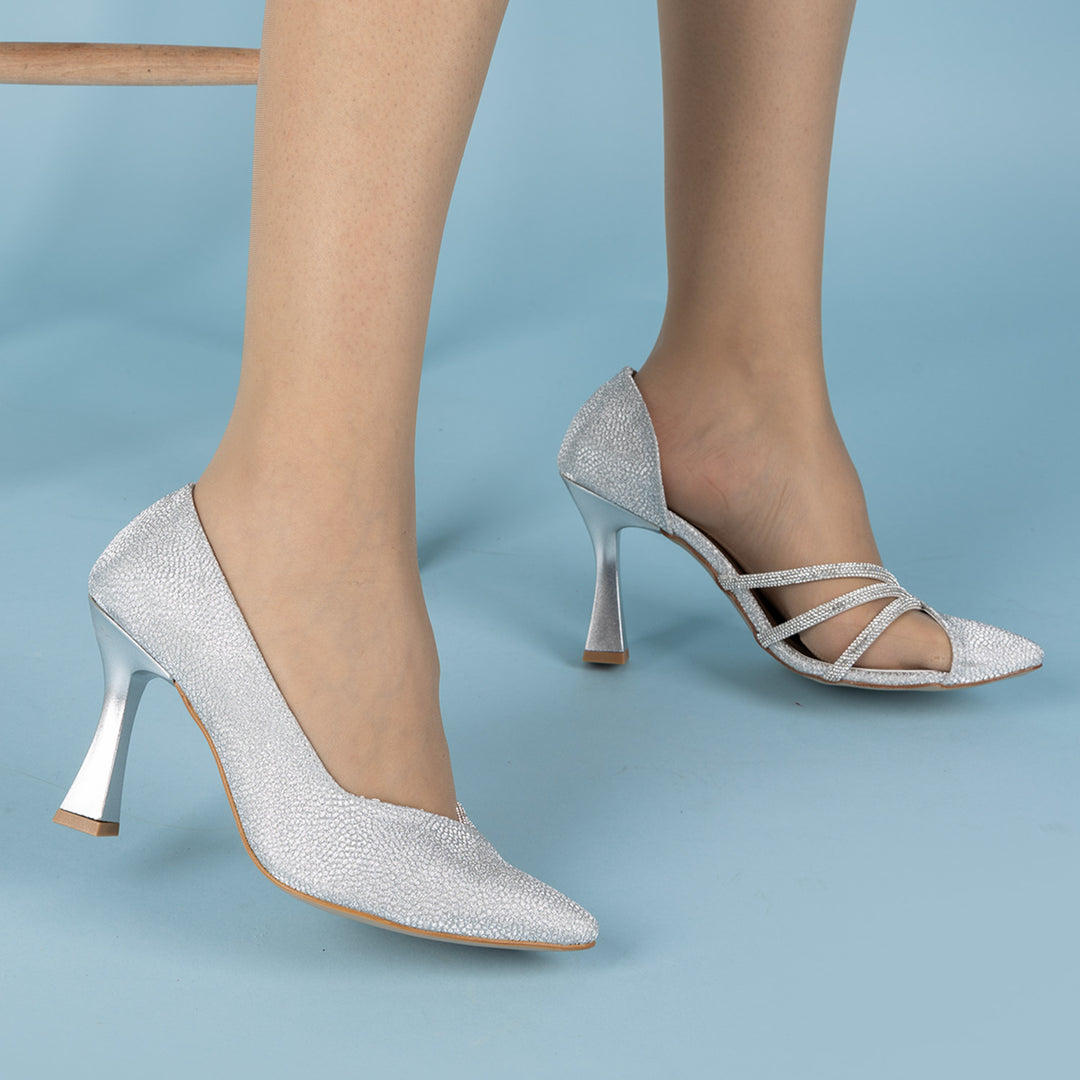 Perlin Kadın Taşlı Gümüş Abiye Topuklu Ayakkabı