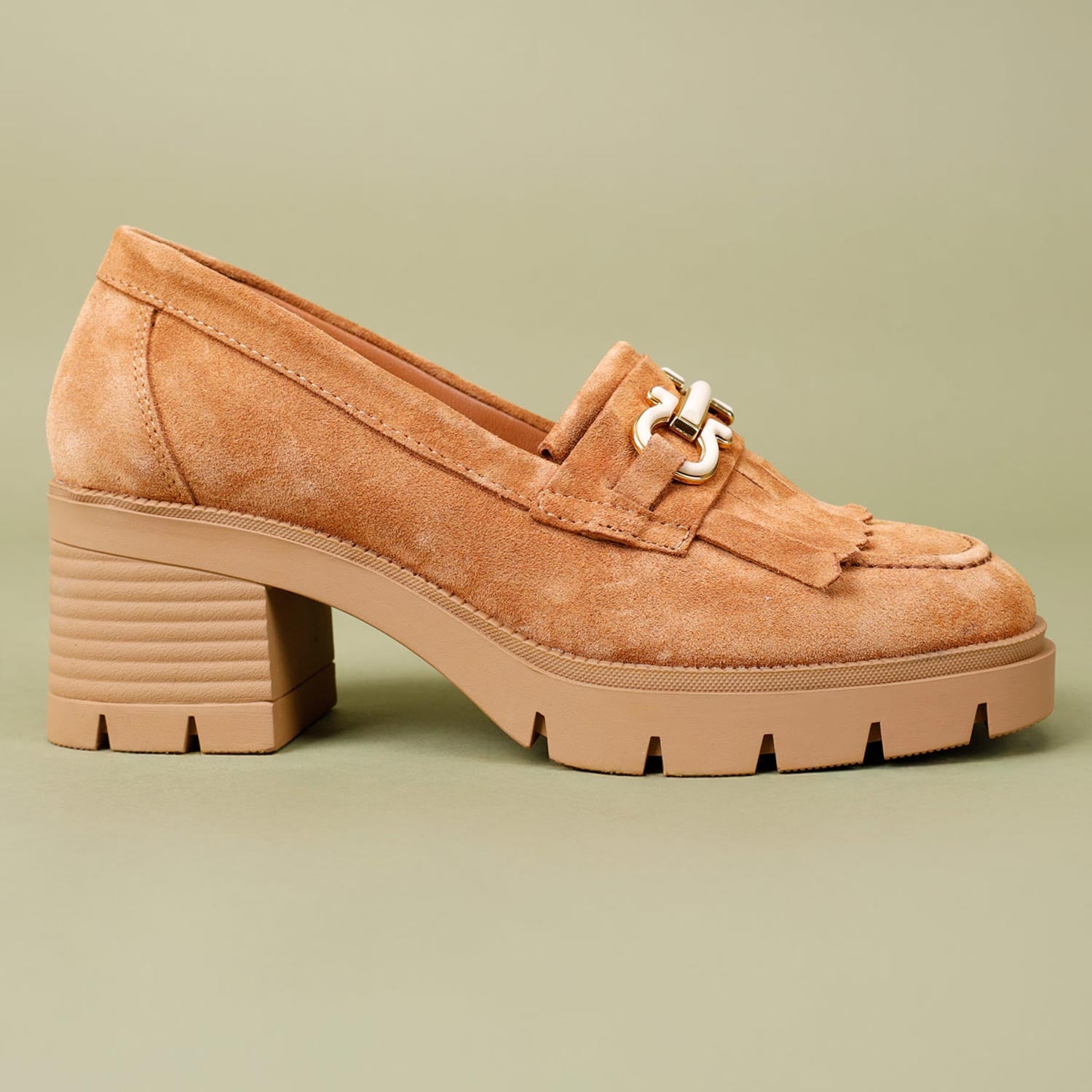 Perves Kadın Hakiki Süet Deri Taba Topuklu Loafer Ayakkabı