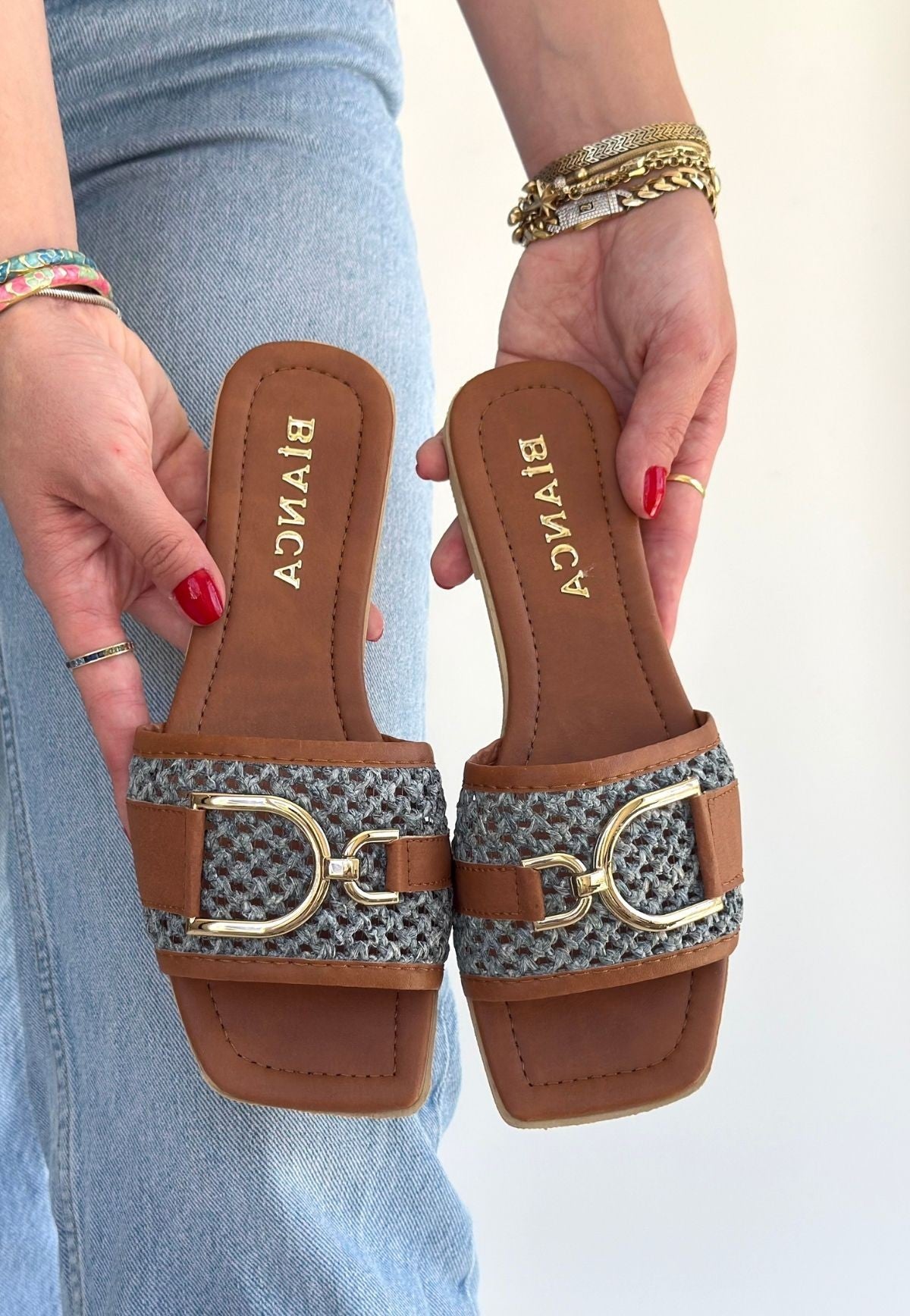 Pıer Kadın Taba Gri Hasır Dokulu Tokalı Terlik