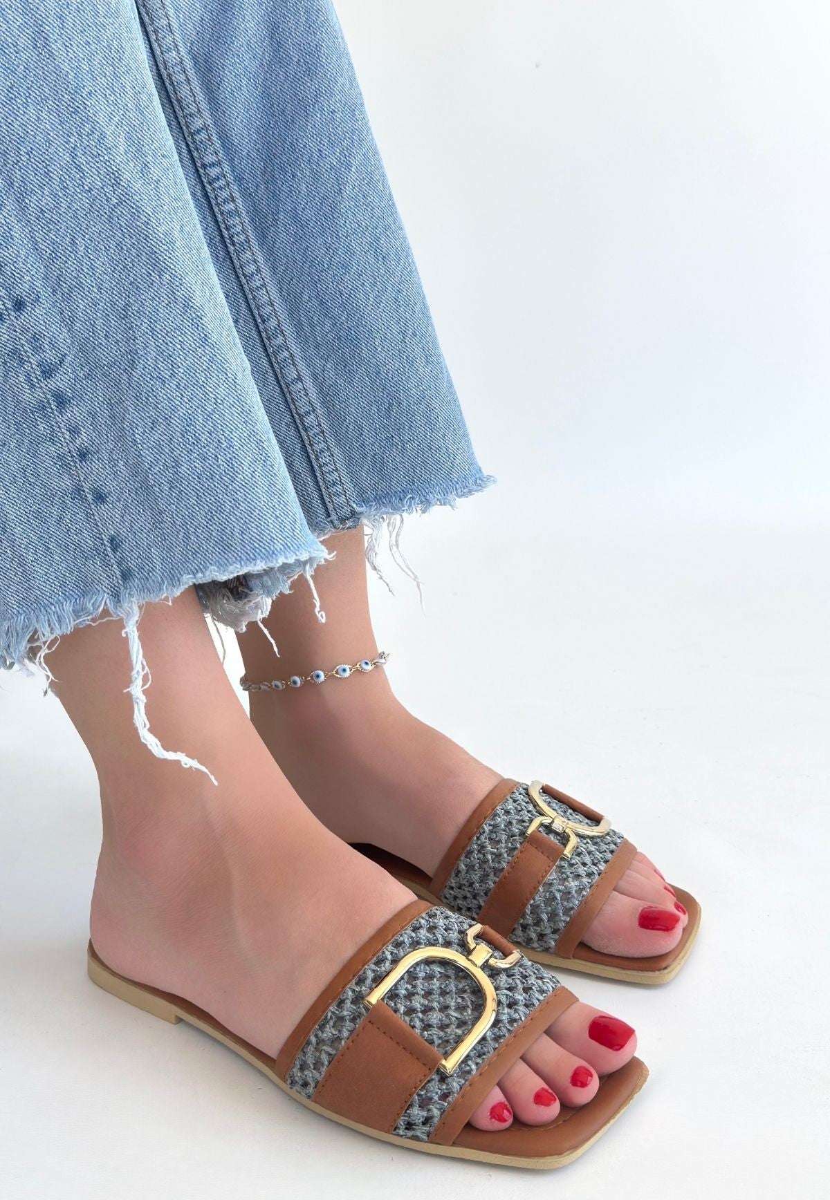 Pıer Kadın Taba Gri Hasır Dokulu Tokalı Terlik