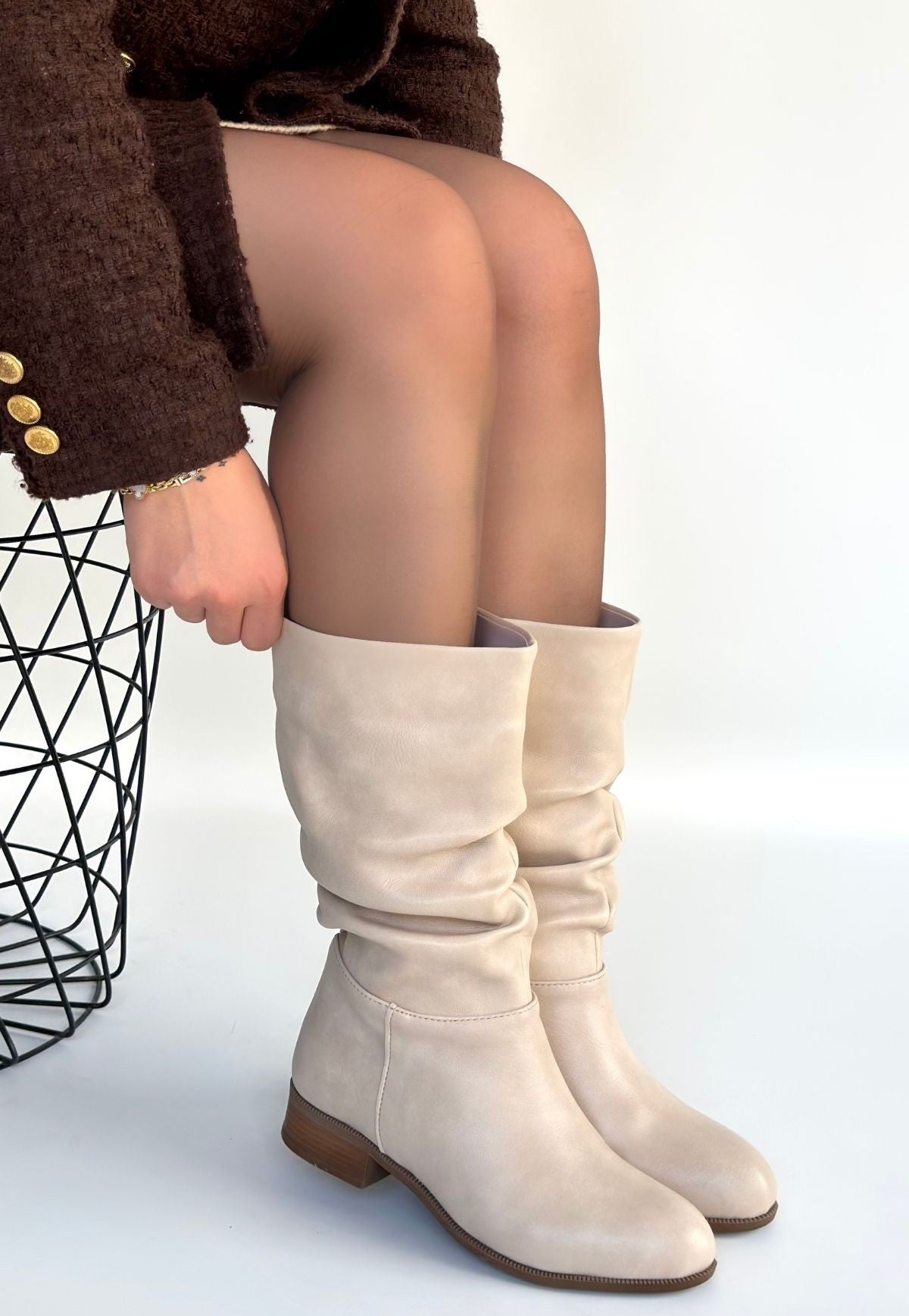 Plod Kadın Bej Körüklü Diz Altı Çizme