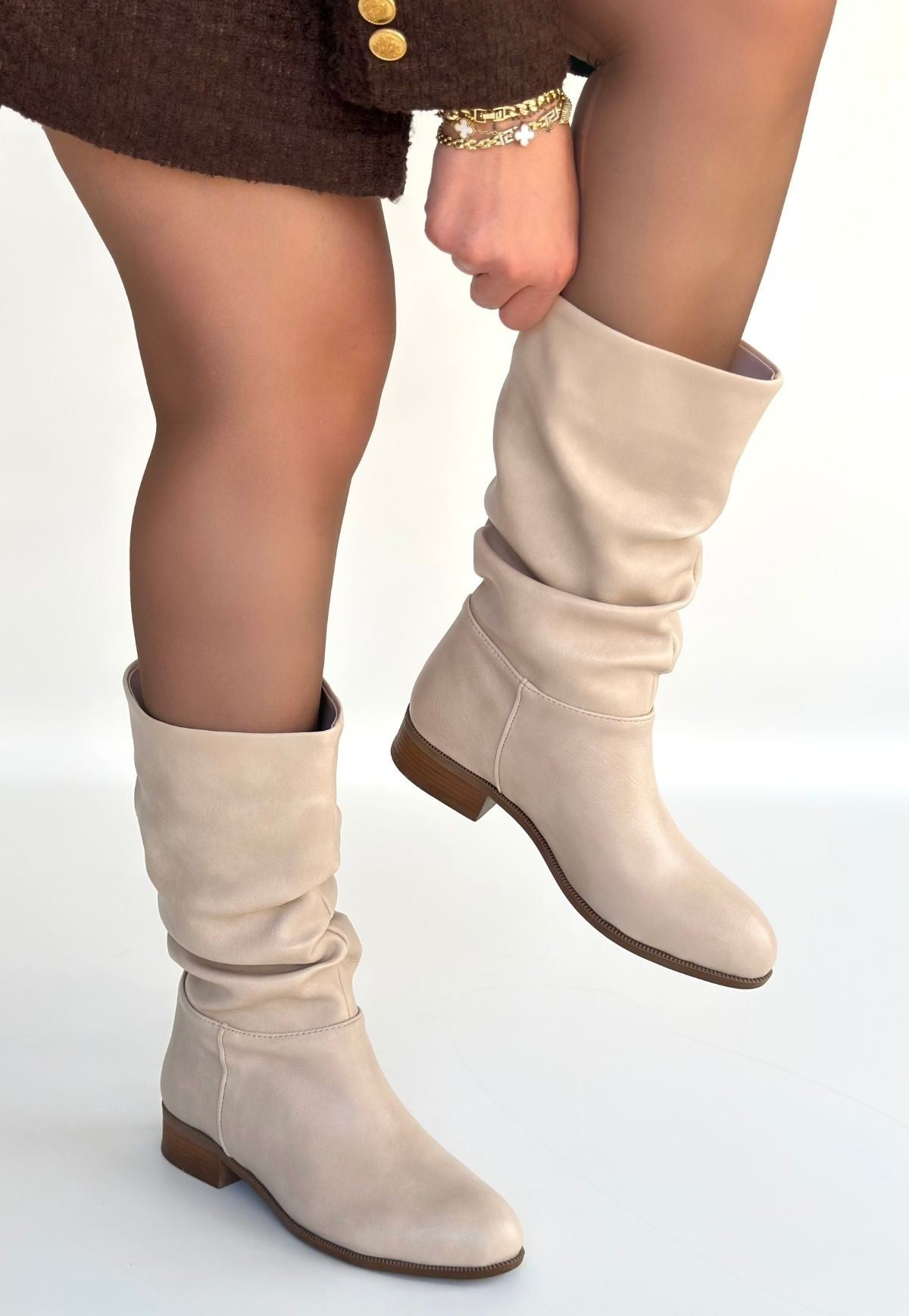 Plod Kadın Bej Körüklü Diz Altı Çizme