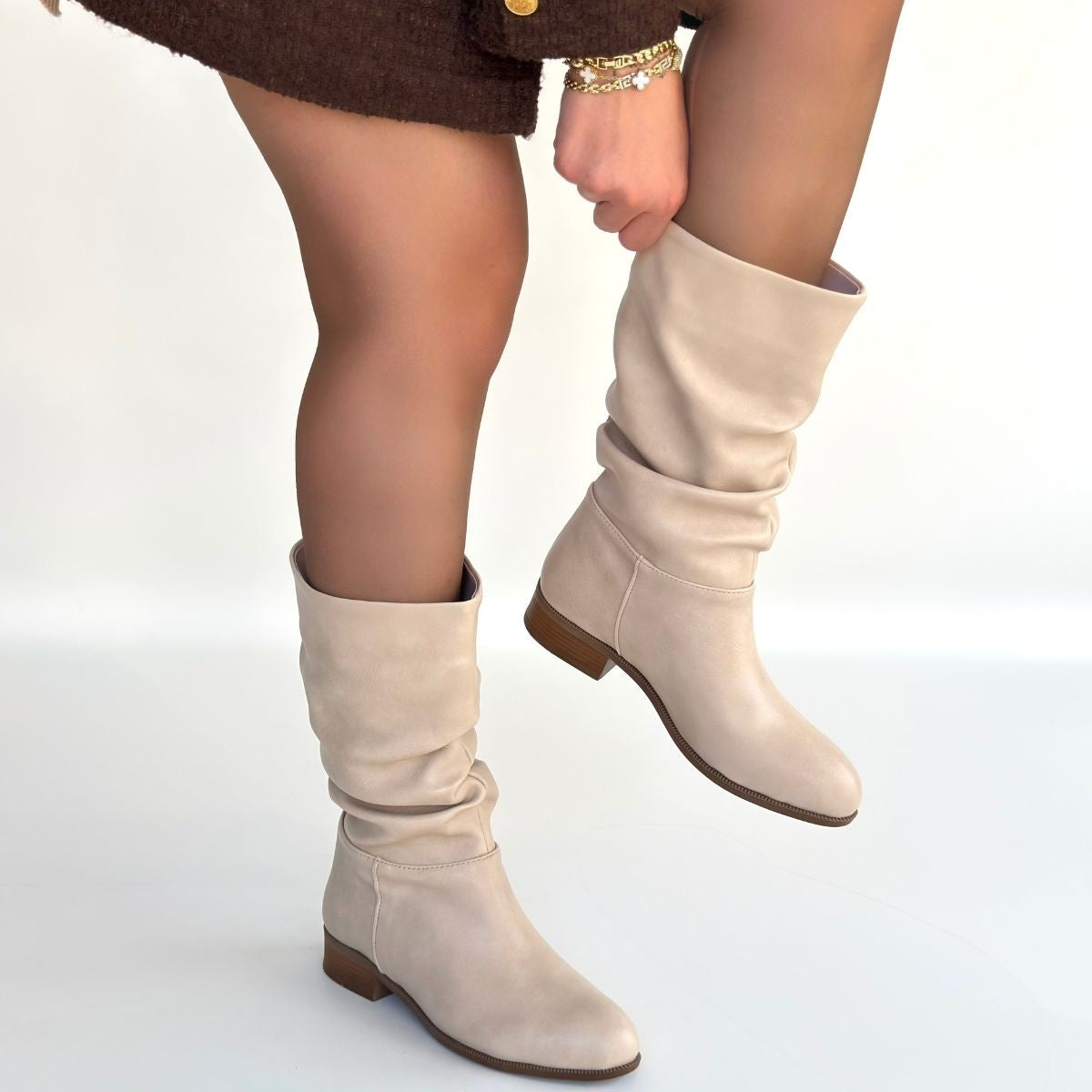 Plod Kadın Bej Körüklü Diz Altı Çizme