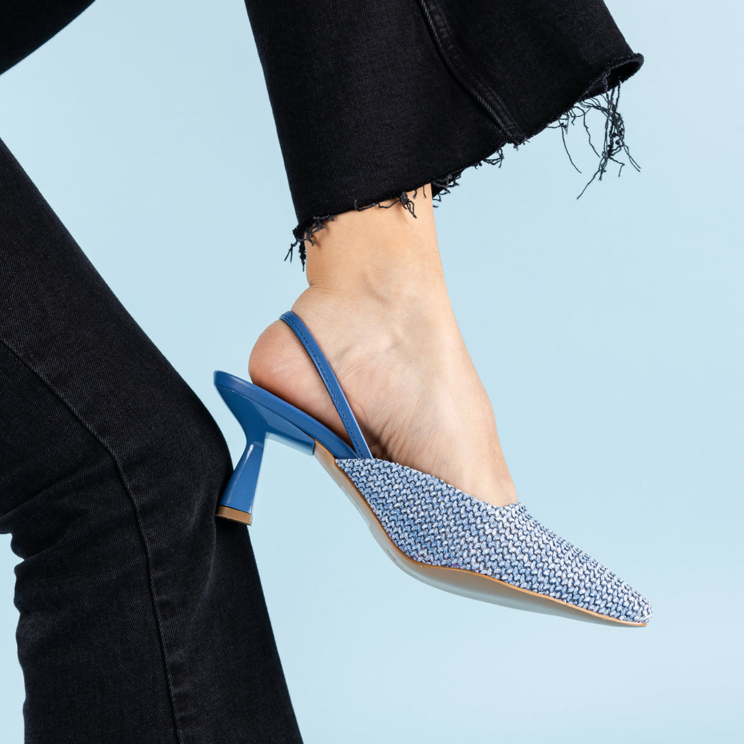 Porter Kadın Stiletto Arkası Açık Sivri Burun Kot Hasır Topuklu Ayakkabı