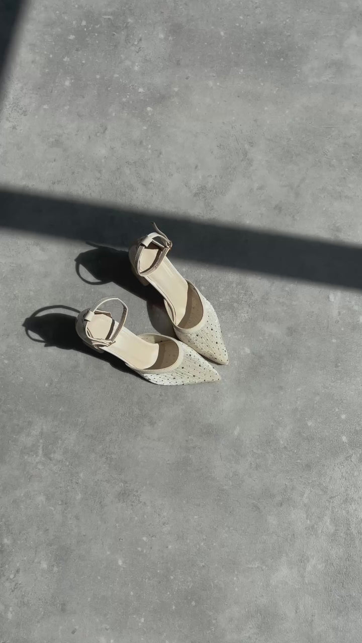 Borie Bej Tekstil Kumaş Taşlı Kadın Topuklu Ayakkabı