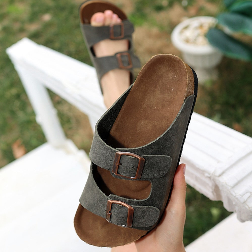 Rıno Kadın Haki Yeşil Nubuk Kemerli Terlik