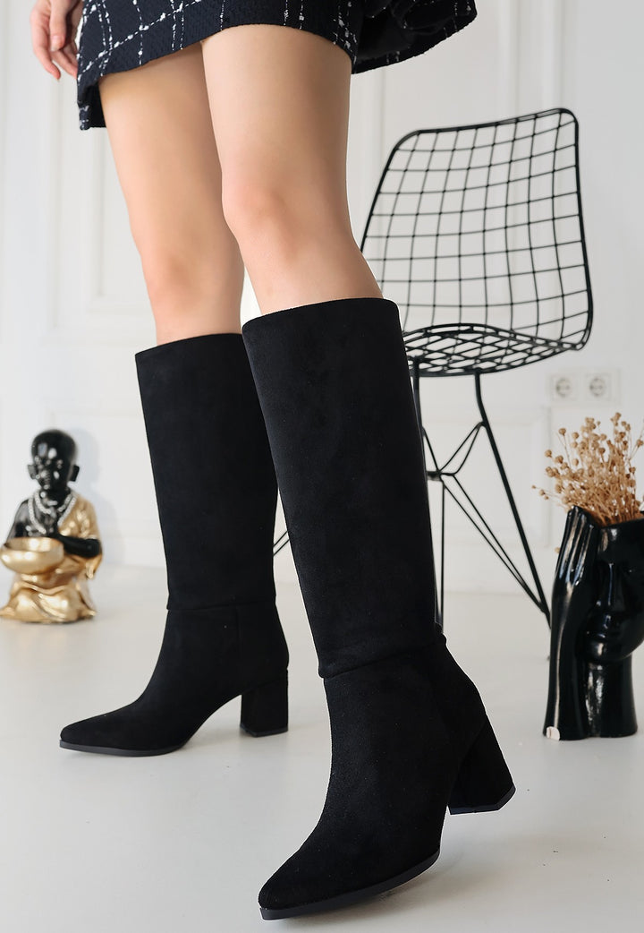 Roksa Siyah Süet Kadın Topuklu Çizme