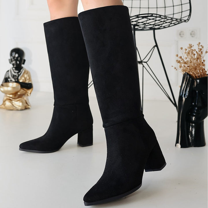 Roksa Siyah Süet Kadın Topuklu Çizme