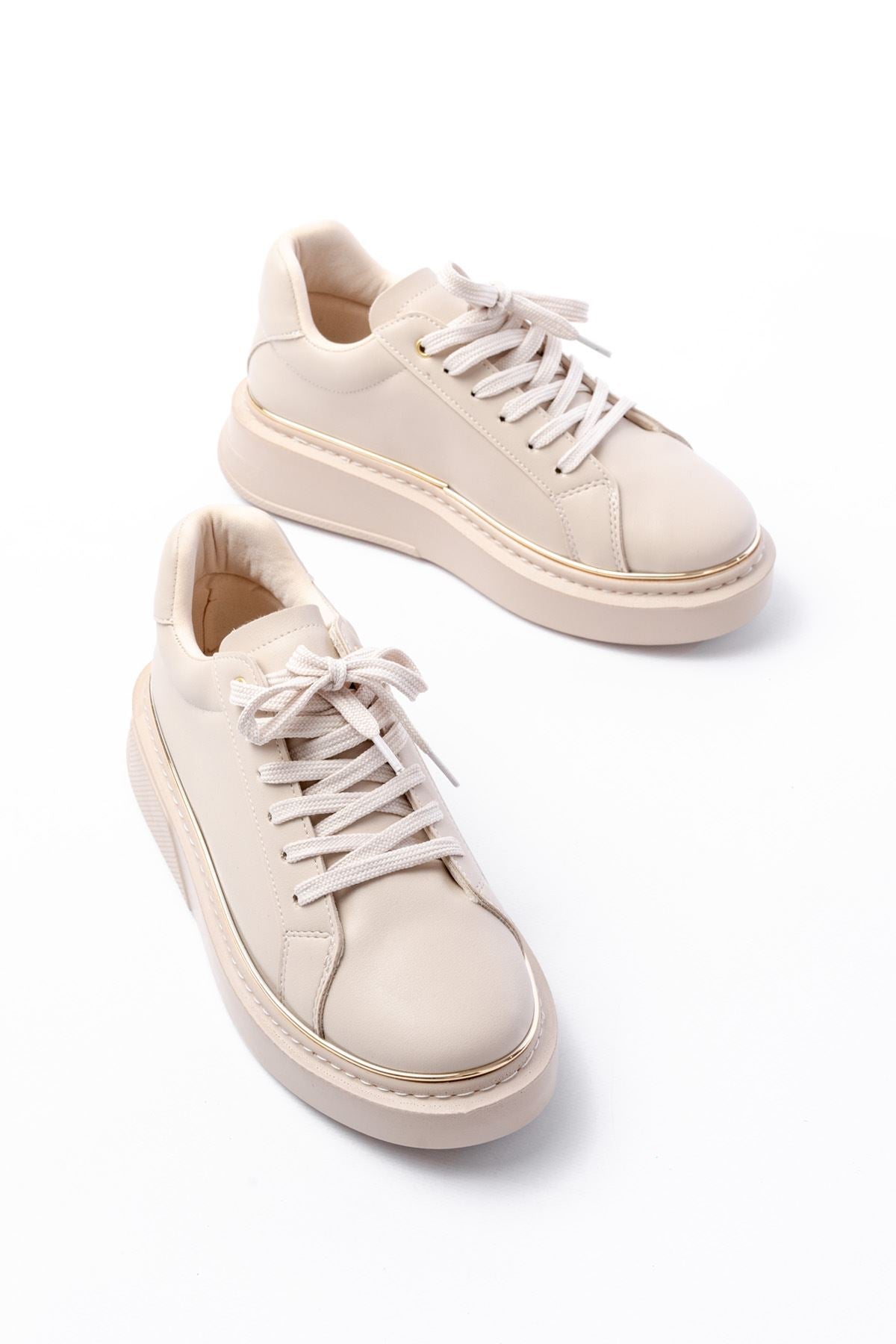 Sandery Kadın Bej Roze Bağcıklı Dikişli Spor Ayakkabı