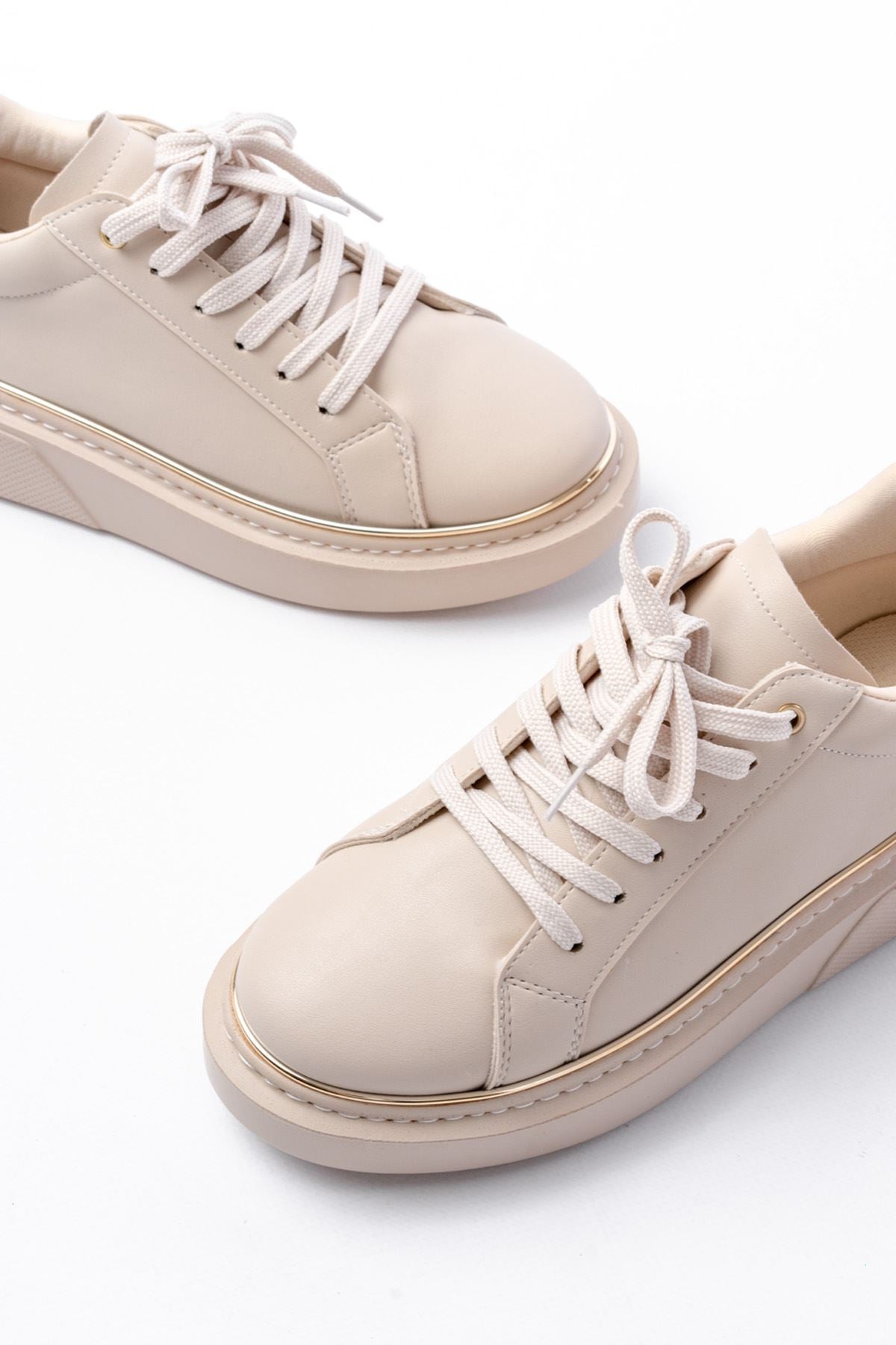 Sandery Kadın Bej Roze Bağcıklı Dikişli Spor Ayakkabı