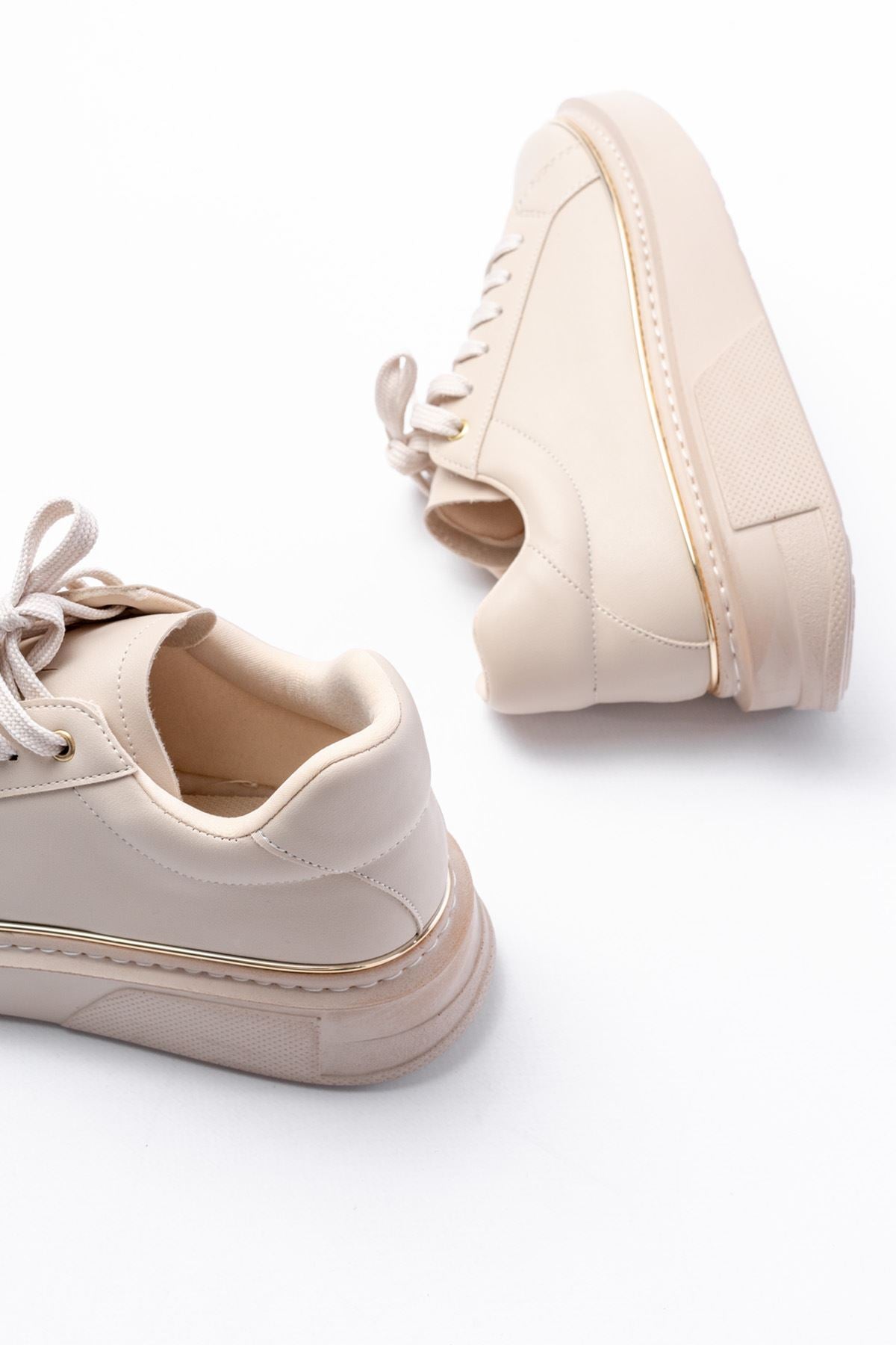 Sandery Kadın Bej Roze Bağcıklı Dikişli Spor Ayakkabı