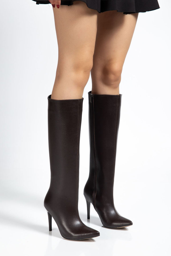 Juven Kadın Kahve Fermuarlı İnce Topuklu Çizme