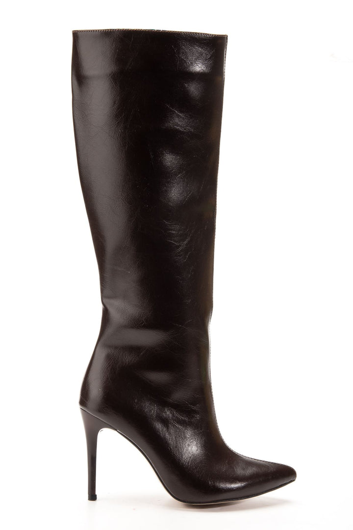 Juven Kadın Kahve Kırışık Fermuarlı İnce Topuklu Çizme