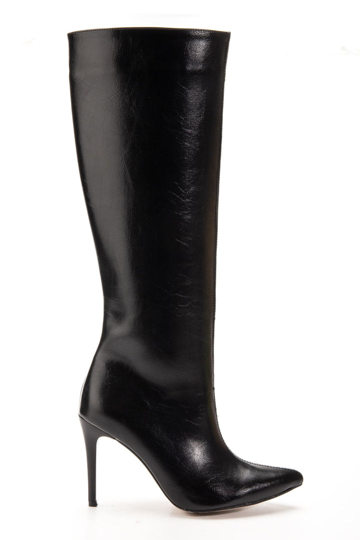 Juven Kadın Siyah Kırışık Fermuarlı İnce Topuklu Çizme