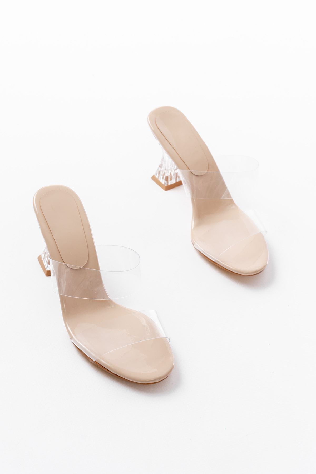 Ourenly Bej Rugan Çift Bantlı Topuklu Kadın Terlik